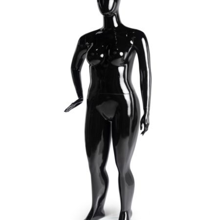 Female full body glossy black abstract mannequin with arms by side